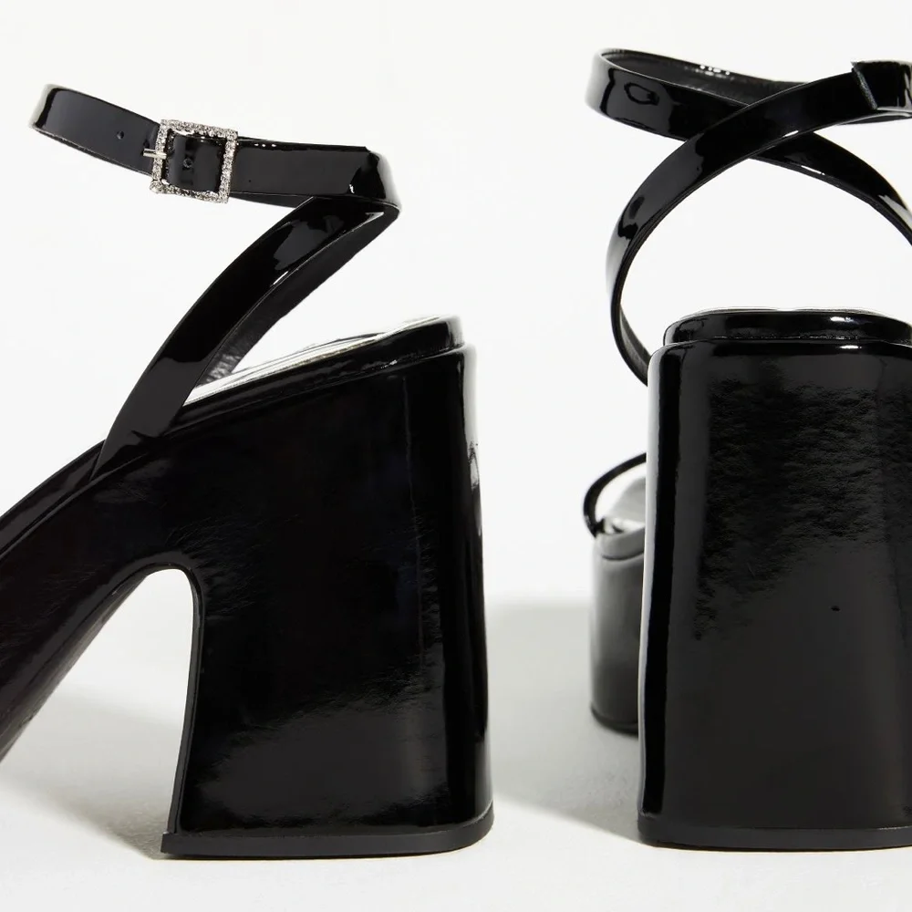 Vicenza Black Patent Leather Strappy Platform Heels - Picture 4 of 5